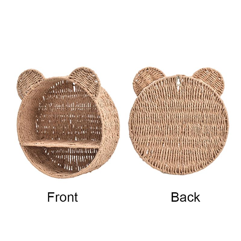 Cute Bear Ear Wall Mounting Shelf Rattan Wall Shelves Small Plant Display Storage Rack Home Decors Woven Hanging Storage Basket