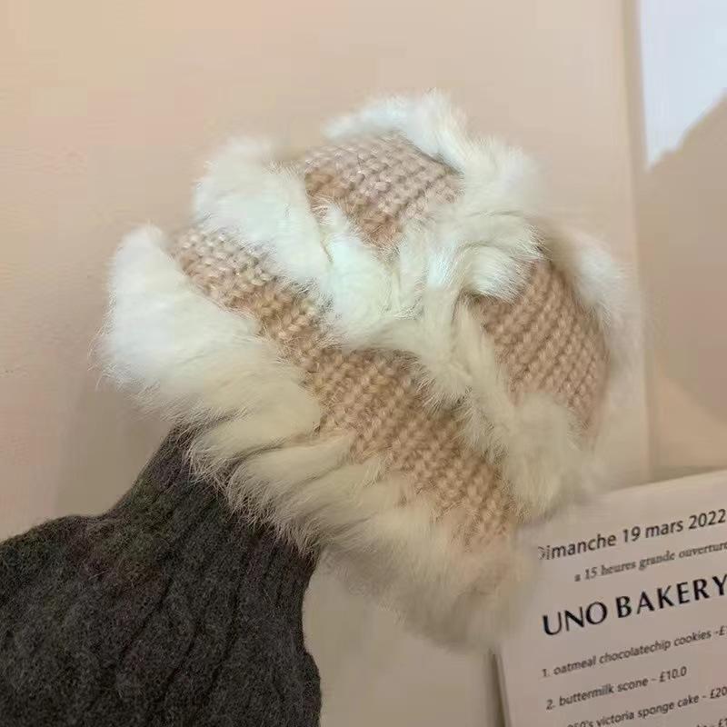 

Wind rabbit fur hat women s autumn and winter warm plush hat showing face small knitted bucket hat ear protector wool hat