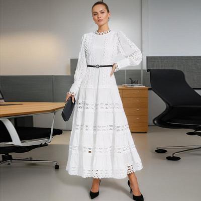 2025 Summer Women's Palace Style Solid Color Lace Ruffled Long Sleeve Dress