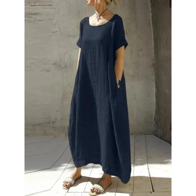 Casual Women Long Dress Oversized Loose Short Sleeve Dress Women Reathable Round Neck Holiday Dresses  Autumn