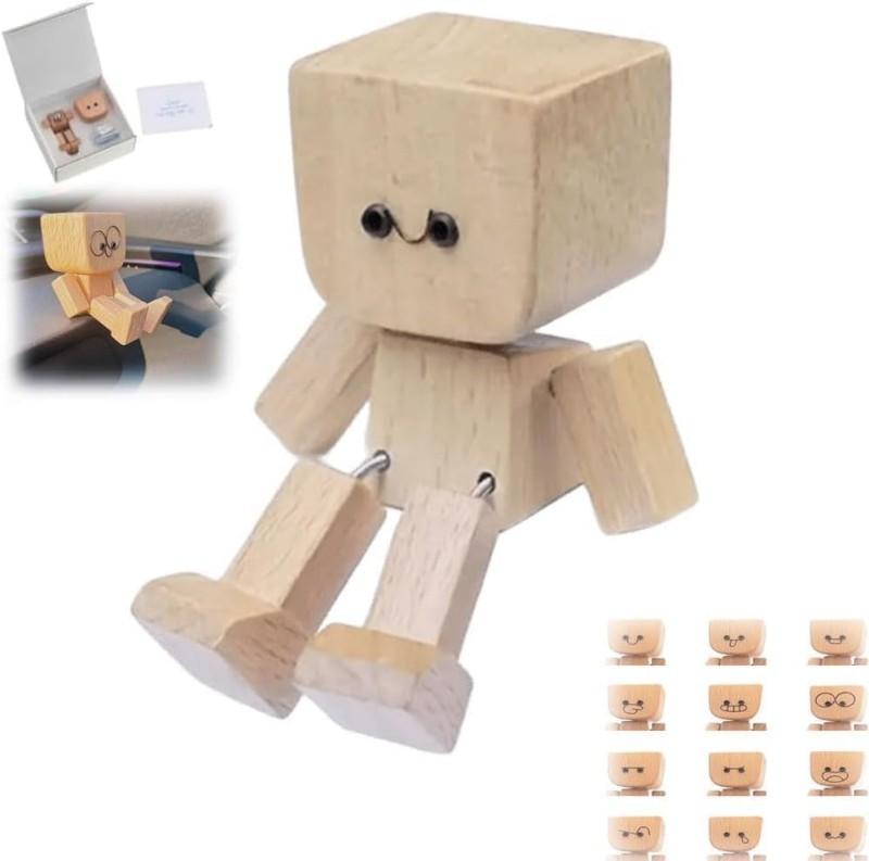 Wackelnder Holzmann Figur Handgefertigt Wackelnde Füße Holz Auto Armaturenbrett Dekorationen mit 12 Stück Magnetischen Ausdrücken Kreative Geschenke