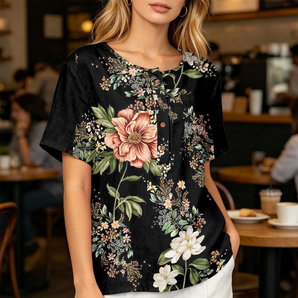Damen Kurzarm Hemd aus Baumwolle und Leinen mit Modischem Print Henley Knopfleiste und Brusttasche für Freizeitkleidung