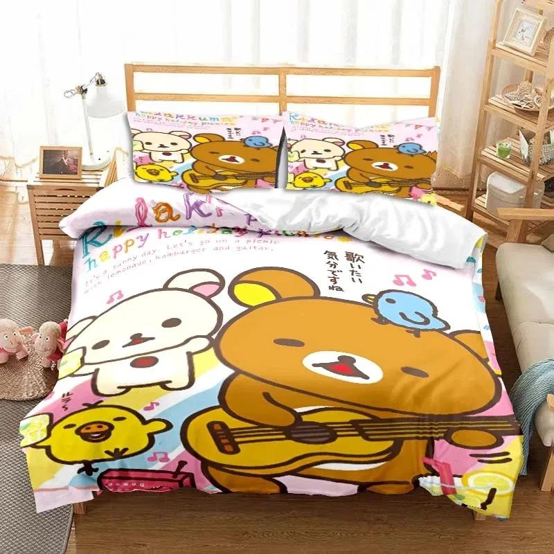 3dCartoon Rilakkuma Ayı Yatak Takımı Yorgan Kılıfı Yatak Takımı Yorgan Kılıfı Yastık Kılıfı Yorgan King Queen Boy Erkek Çocuk Yetişkin Yatak Takımı