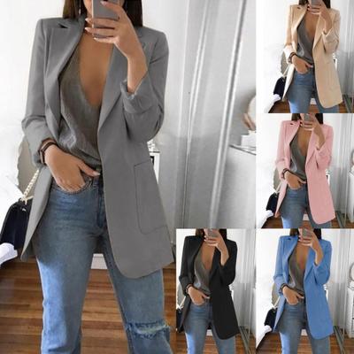Mode Frauen Einfarbig Offene Vordertaschen Jacke Mantel Lange Büro Blazer