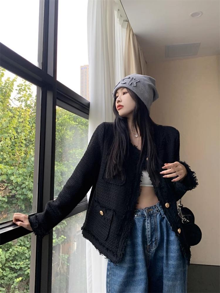 Button Up Jackets for Women Autumn Winter  Vintage New Pockets O Neck Tweed Jacket Casual Long Sleeve Chic Coats