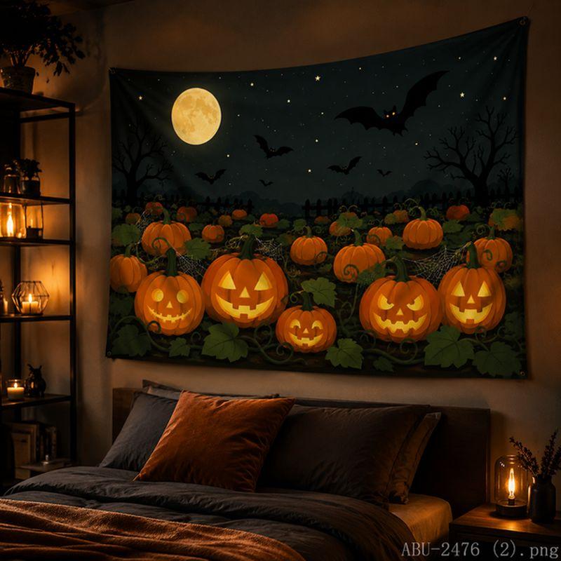 Purple Mist Spider Web Jack Pumpkin Bat Halloween Tapestry Living Room Festival Party Background Horror Room Decoration