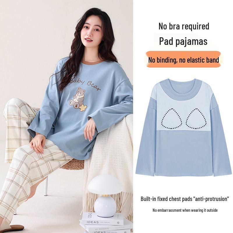 Women's Double-Sided Cotton Pajama Set with Chest Pads - Round Neck, Long Sleeve, Long Pants Pullover Style