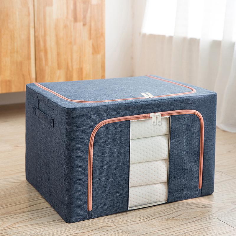 Waterproof Cotton & Linen Storage Box with Steel Frame - Foldable, Moisture-Proof, Large Capacity, Fabric Quilt Bag with Cover