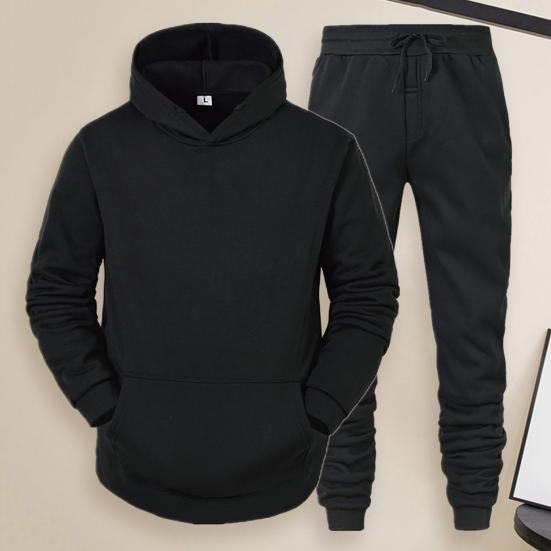 2Pcs/Set Long Sleeve Elastic Waist Mid-rise Thickened Sportswear Set Men Winter Solid Color Pockets Hooded Sweatshirt Pants Set Daily Clothing