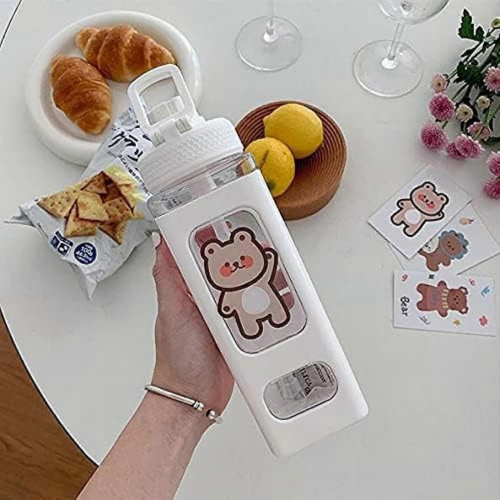 700ml Kawaii Bear Water Bottle With Straw Plastic Portable Square Drinking Bottle Large Water Bottle (With Sticker)
