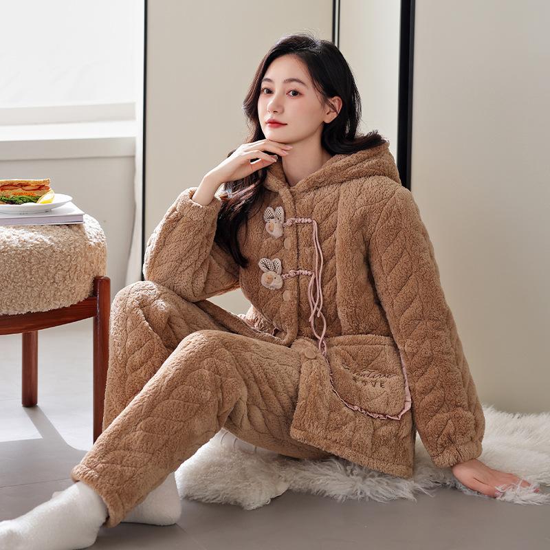 Pajamas Women'S Winter Coral Fleece Flannel Padded Jacket Three-Layer Thickened Fleece Can Be Worn Outside Loungewear Warm Suit