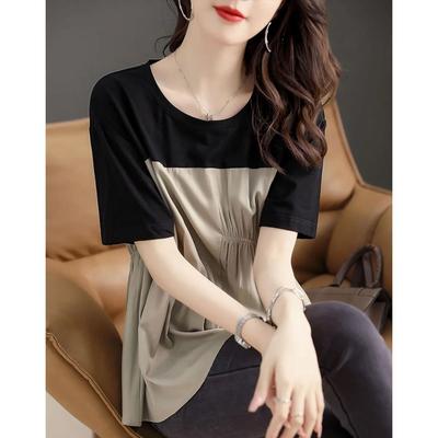 Verano 2025 nueva moda camiseta para mujer temperamento casual suelta cuello redondo empalme de color contrastante top camiseta tendencia mujer