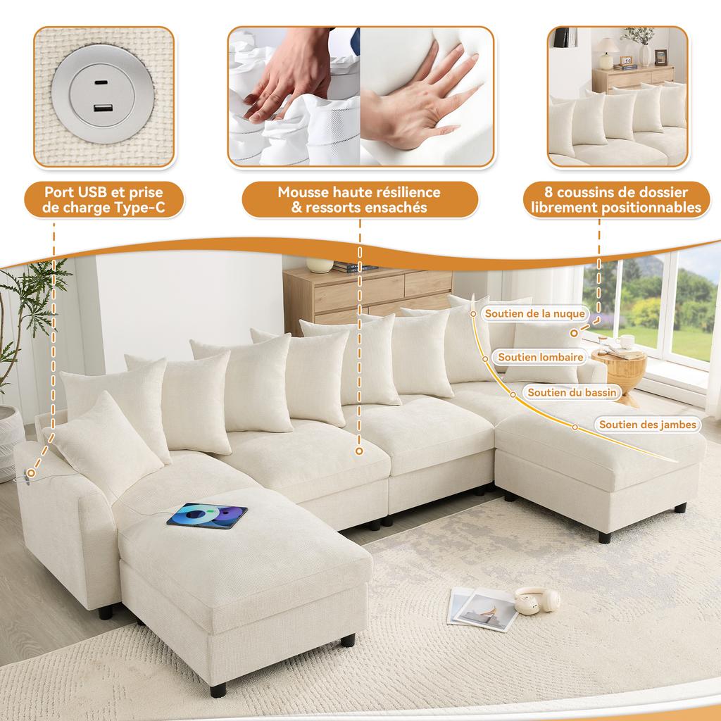 Modular U-/L-Shaped Sofa, 6-Seater, 2 Movable Footstools; USB/Type-C Charging; 8 Adjustable Cushions + 2 Decorative Cushions; Waffle Chenille, Beige