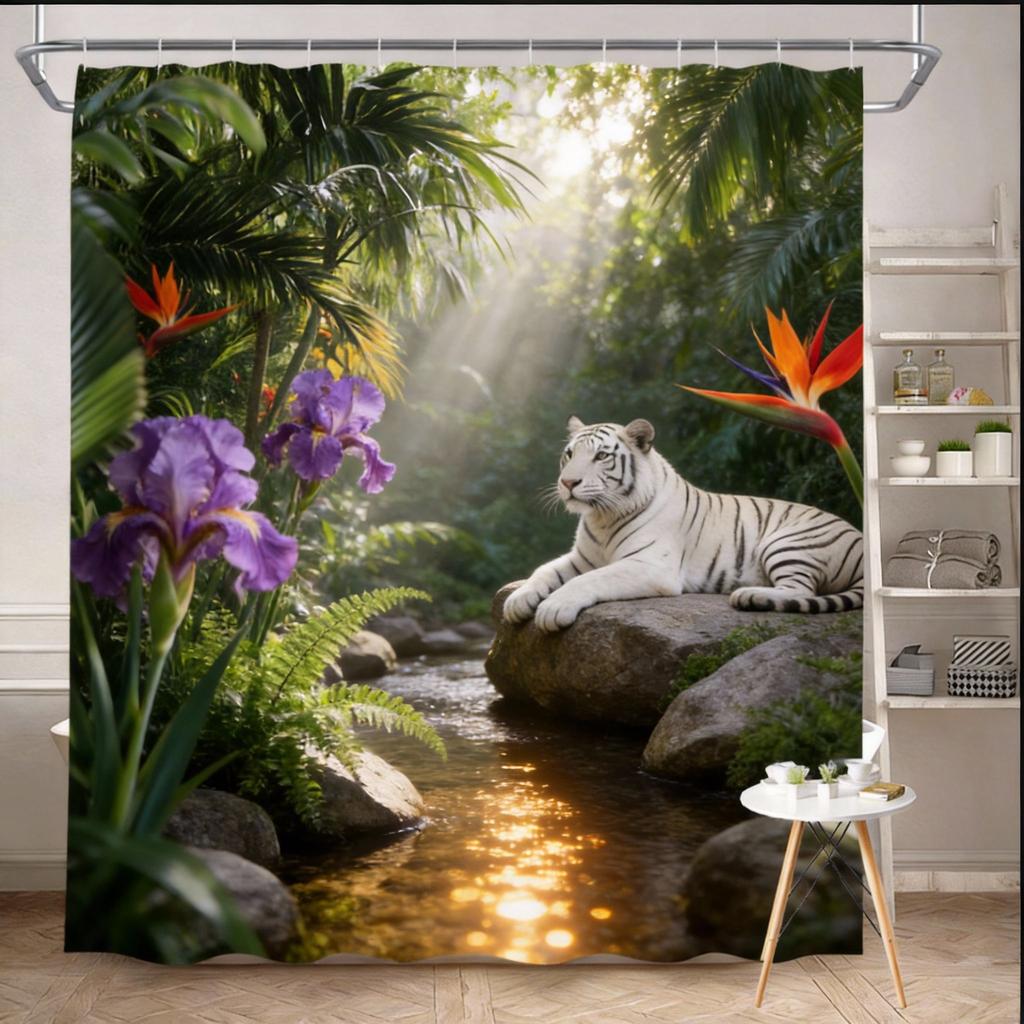 Jungle Shower Curtain 180x180cm – Majestic Tiger & Orchids, Tropical Rainforest Scene, 12 Hooks Bath Decorative Shower Curtain
