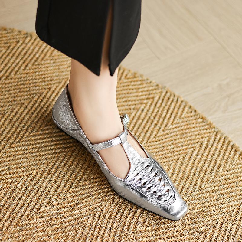 Moda 2025 Nowa Wiosna Damskie Czółenka Prawdziwa Skóra Buty dla Kobiet Modne Niskie Obcasy Kwadratowy Nosek Grube Obcasy Srebrne Damskie Buty