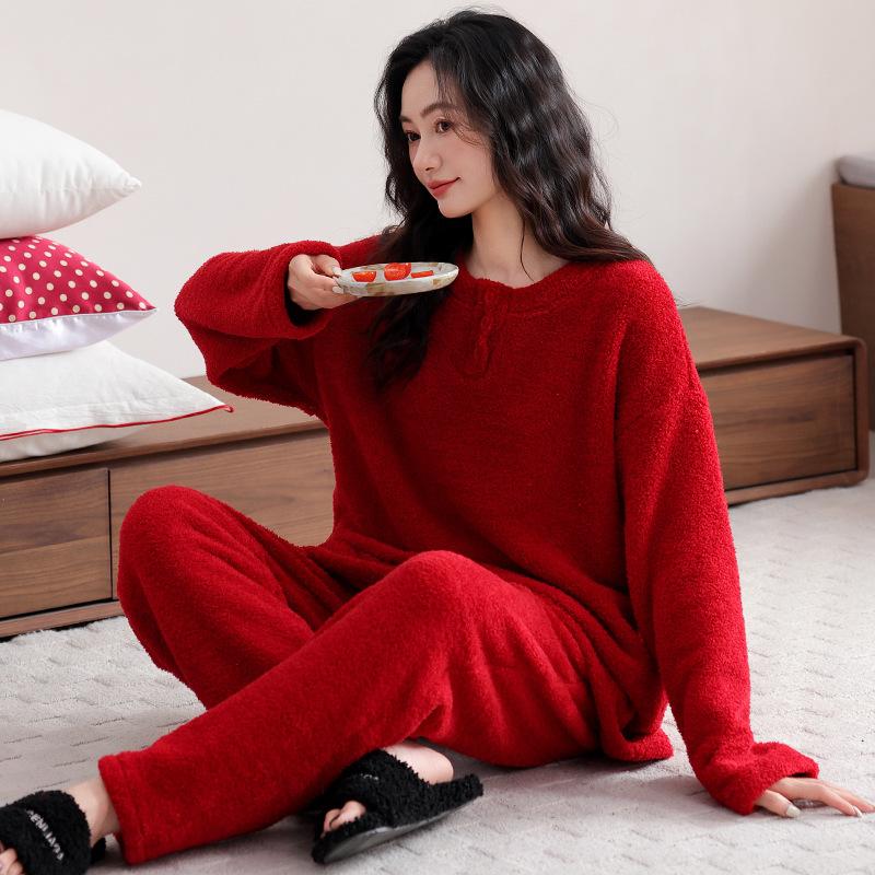 Half Fleece Pajamas Women'S Autumn And Winter Red Natal Year Coral Fleece Fleece Thickened Warm Loungewear Set