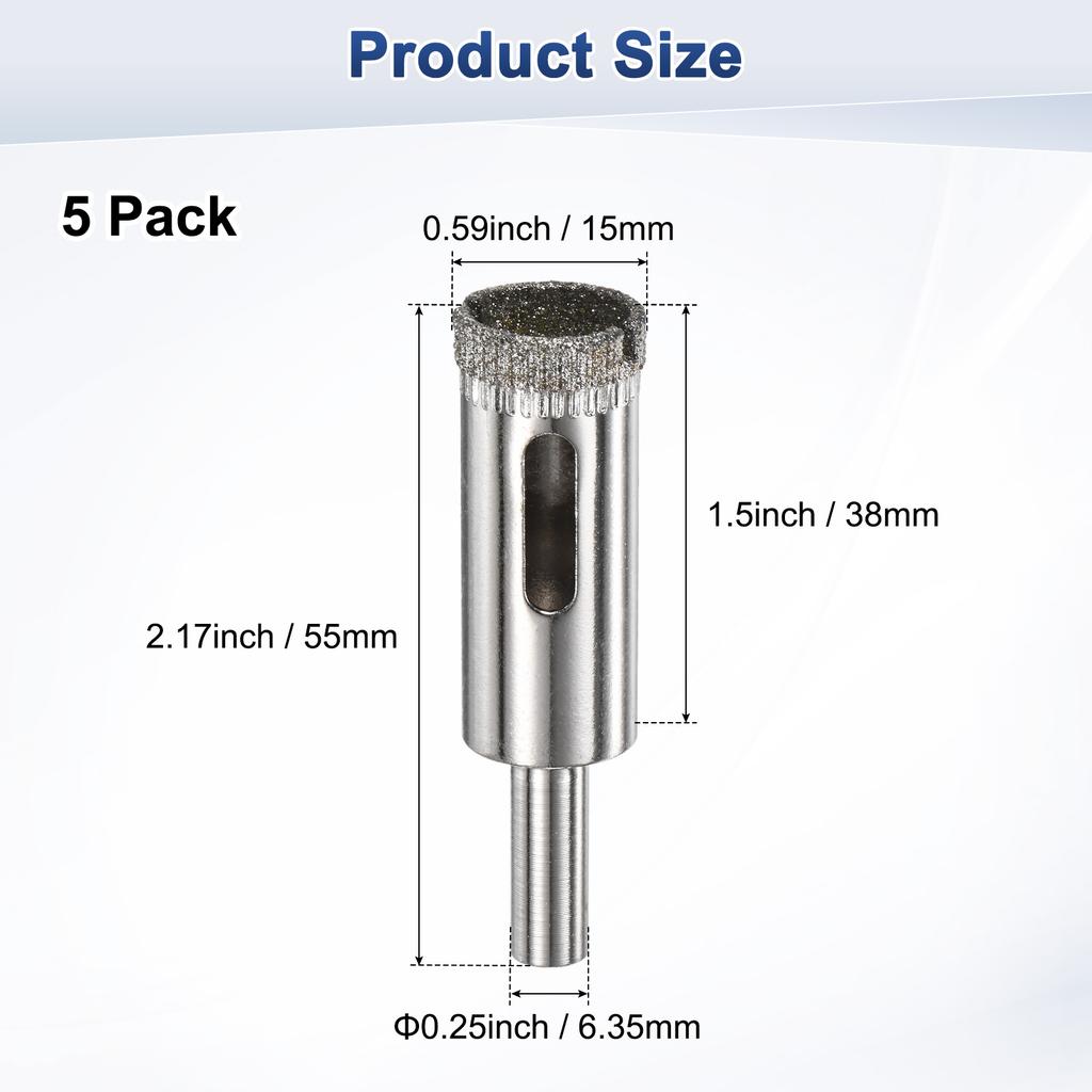 5pcs Diamond Hole Saw Drill Bit 3-18mm Glass Drill Bit for Ceramic/Marble/Granite Stone/Bottles/Tile Cutting [Silver Tone]