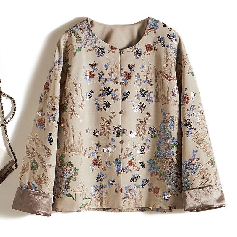 

Качество на кончике башни! Китайский Рами Хлопок Погоня за Качеством Женский Круглый Вырез Рукава с Подворотами Однобортный Вышитый Пайетками Верхняя Одежда Весна и Осень Gray 4XL