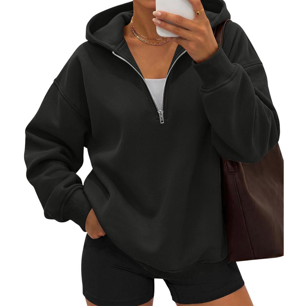 Women's casual fashionable long-sleeved hooded pullover with half-zip on the chest