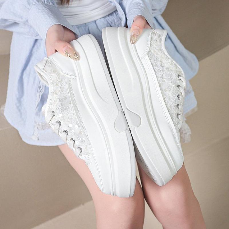 Rubber Women's Shoes Spring Four Seasons New Shoes Lace-up Beige Light Blue Green Single Shoes Increase Height and Breathability