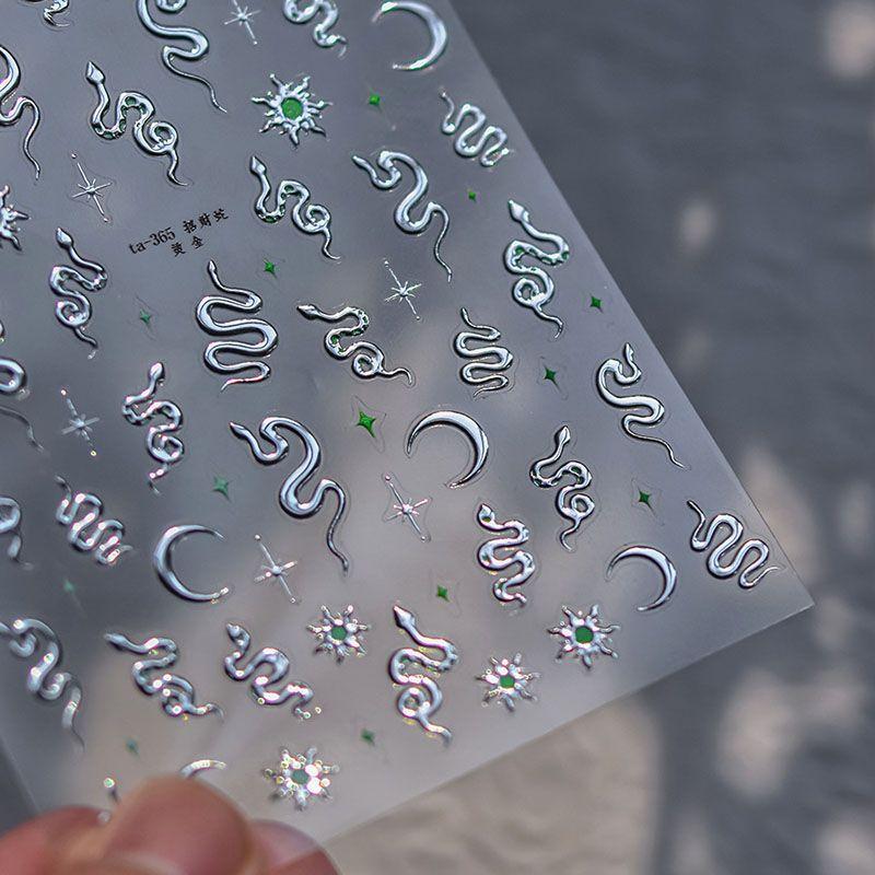 

Bronzing Silver Snake Nail Sticker Tomoni Relief Japanese Style 5D Net Red Moon Black Snake Nail Sticker Decorations Silver Snake 365