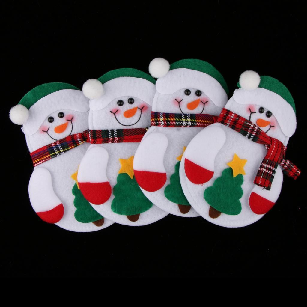 4 Pack Christmas Party Dinner Flatware Holder Santa Snowman Bags Decorations