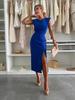 2025 Elegant Slim-Fit Round Neck Split Solid Color Dress for Women