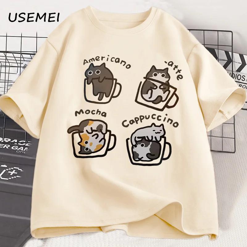 Funny Cute Coffee Cat Tshirt for Women Men Fashion  Loose Short Sleeve T-shirt Mocha Latte Cat Humor Cat Lover T Shirt
