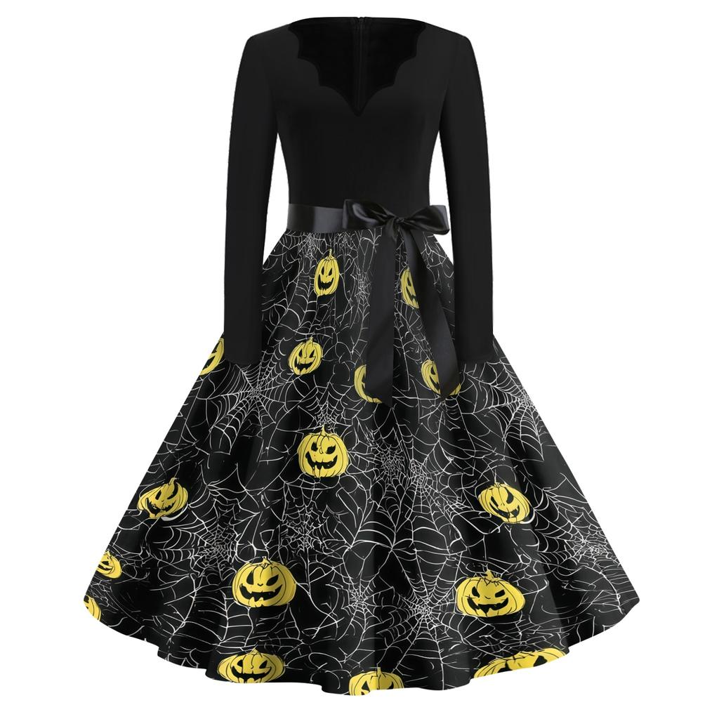 Women's Casual Vintage Halloween Print V Neck Long Sleeve Dress with Waist Tie and Flared Skirt for Everyday Wear