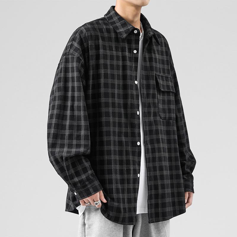 Men's Long Sleeve Corduroy Shirt - Japanese Retro Plaid Jacket for Spring & Autumn