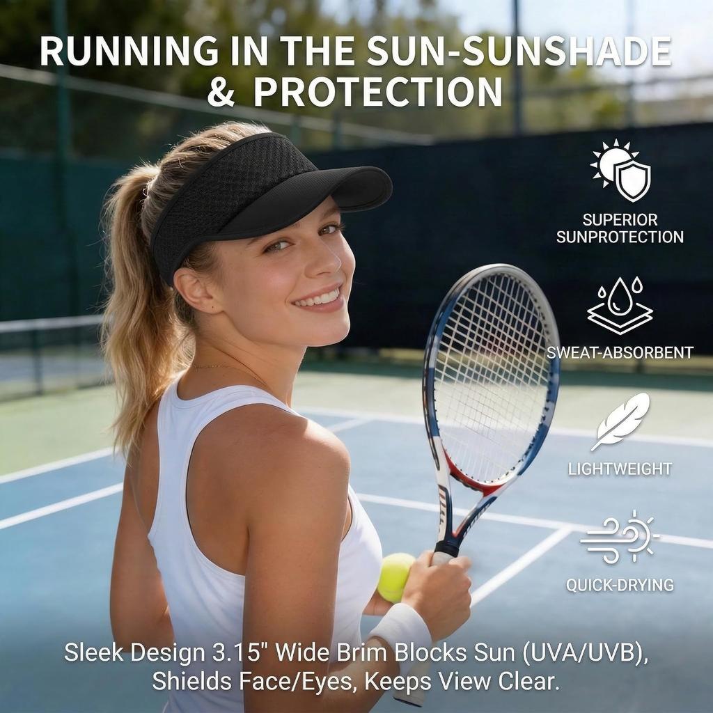 AUSFLUG Sun Visor Hat Men Women - Moisture Wicking Lightweight Sports Cap | Quick dry breathable mesh, adjustable ponytail strap, sun blocking for