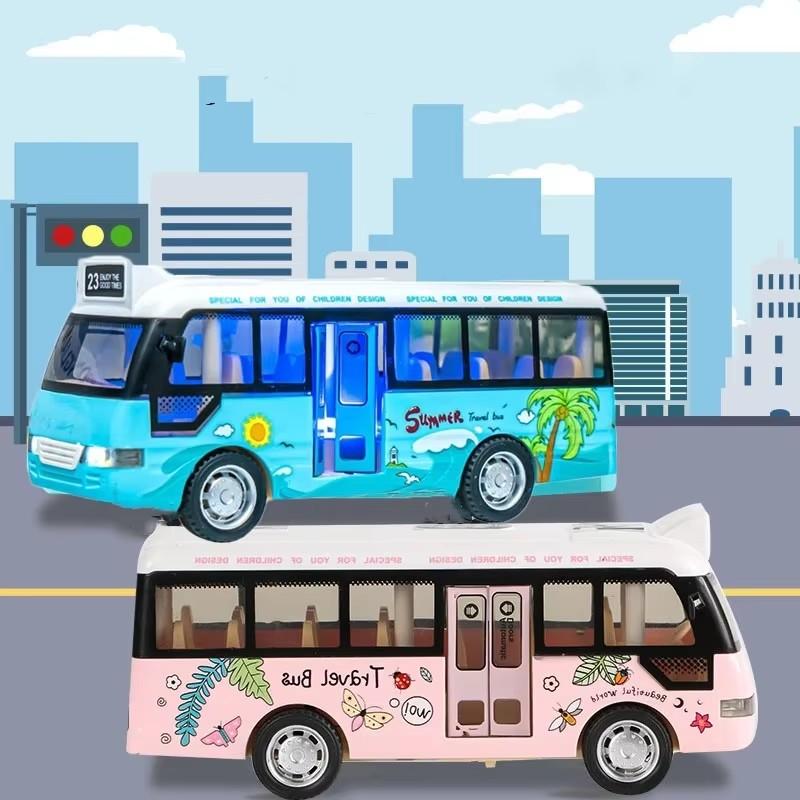 School Bus Toys Mini Car Model Die Cast Plastic City Bus With Sound And Light Miniature Vehicle Models Friction Powered Cars