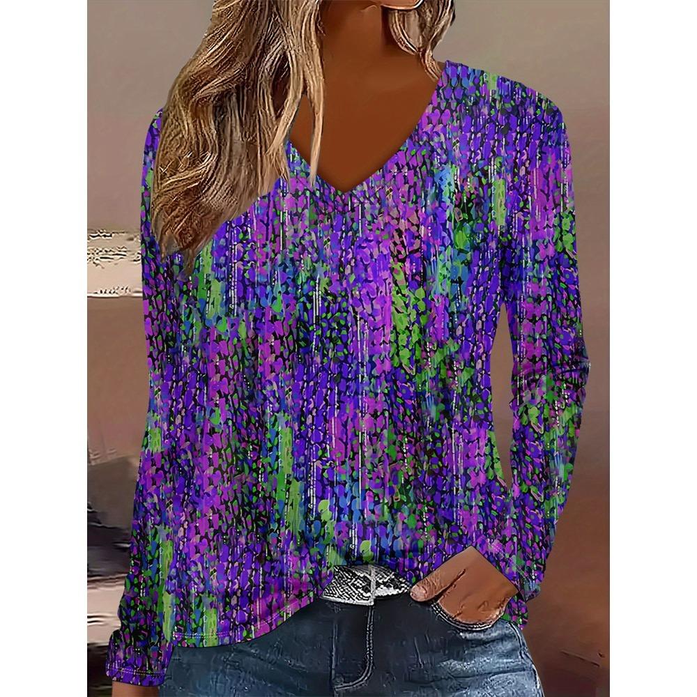 Spring Autumn Fashion Comfortable Soft V-neck Long Sleeve T-shirt Creative Butterfly Flower Loose Casual Women Versatile 3D Printed T-shirt