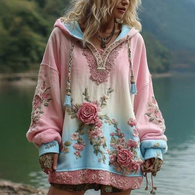 Women's Floral Print Patchwork Hoodie Oversized Vintage Pullover Sweatshirt Fall Casual Long Sleeve Hooded Outfit