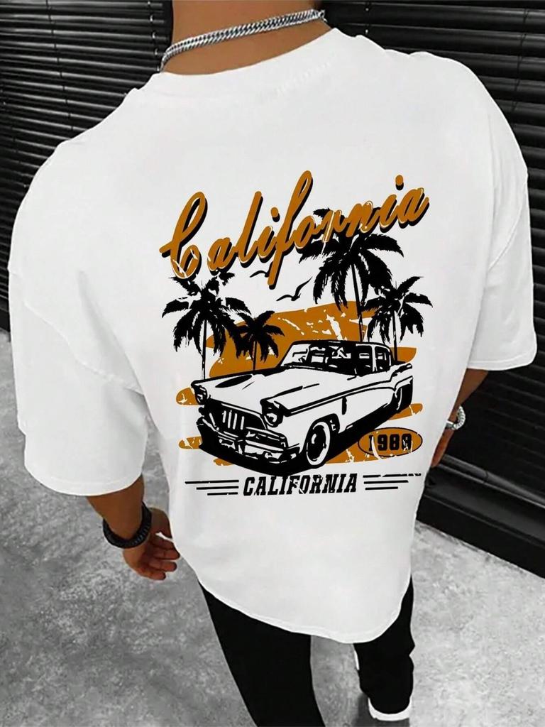 New Summer Mens Beach Coconut Tree Printed Breathable and Comfortable Round Neck Tshirt Outdoor Vacation Casual Top