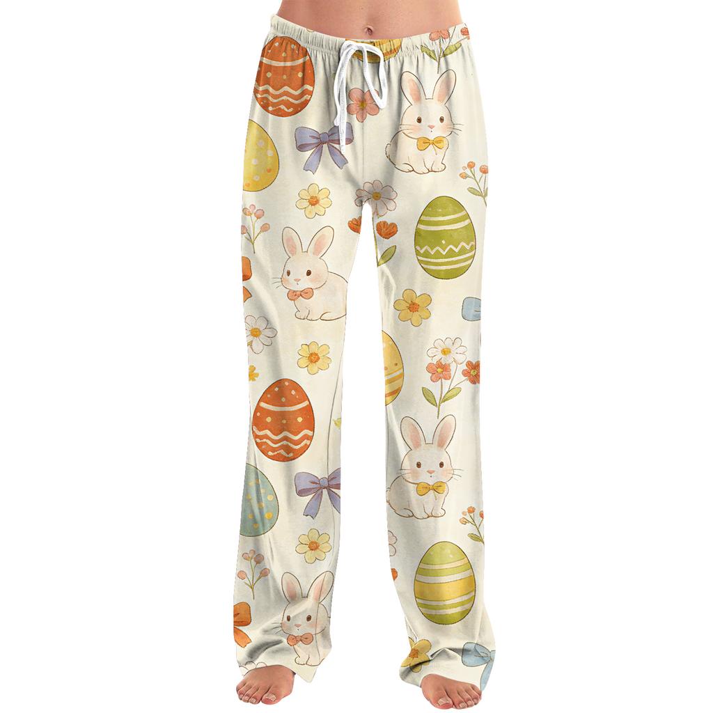 Pantaloni casual da donna alla moda, larghi, casual, con stampa di cartoni animati di Pasqua