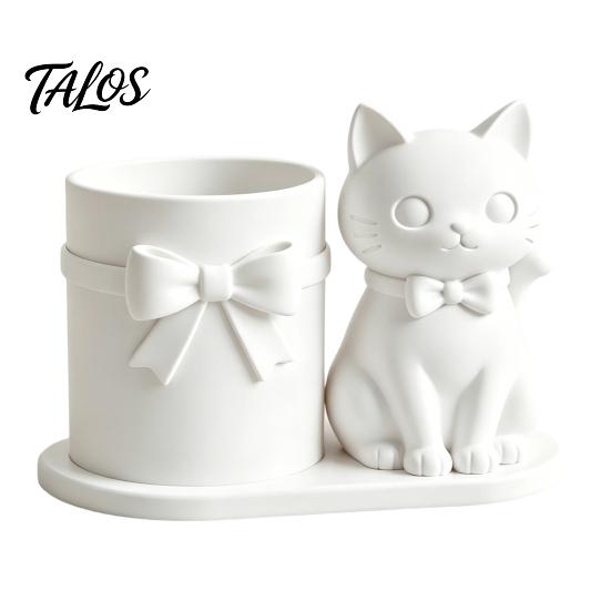 Cat Pen Holder, Cute Kitty Desk Organizer with Pens, Pencils, Makeup Brushes, 3D Printed Cat Sculpture for Home Office Desk Decor