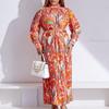 Large Size Women's Clothing New Long-sleeved Printed Pleated Strap High-neck European American Dress
