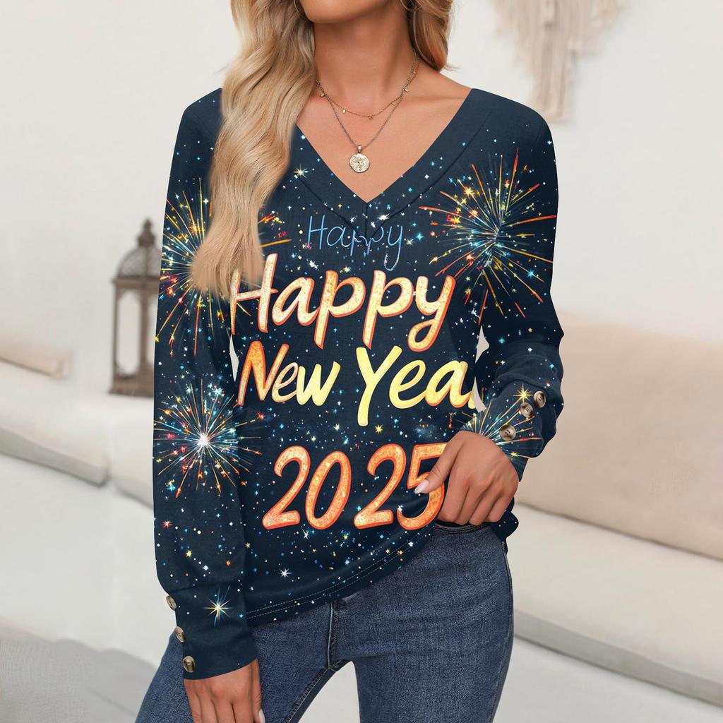 Damenmode Lässig Langarm Weihnachten Bedruckt V-Ausschnitt Pullover Top