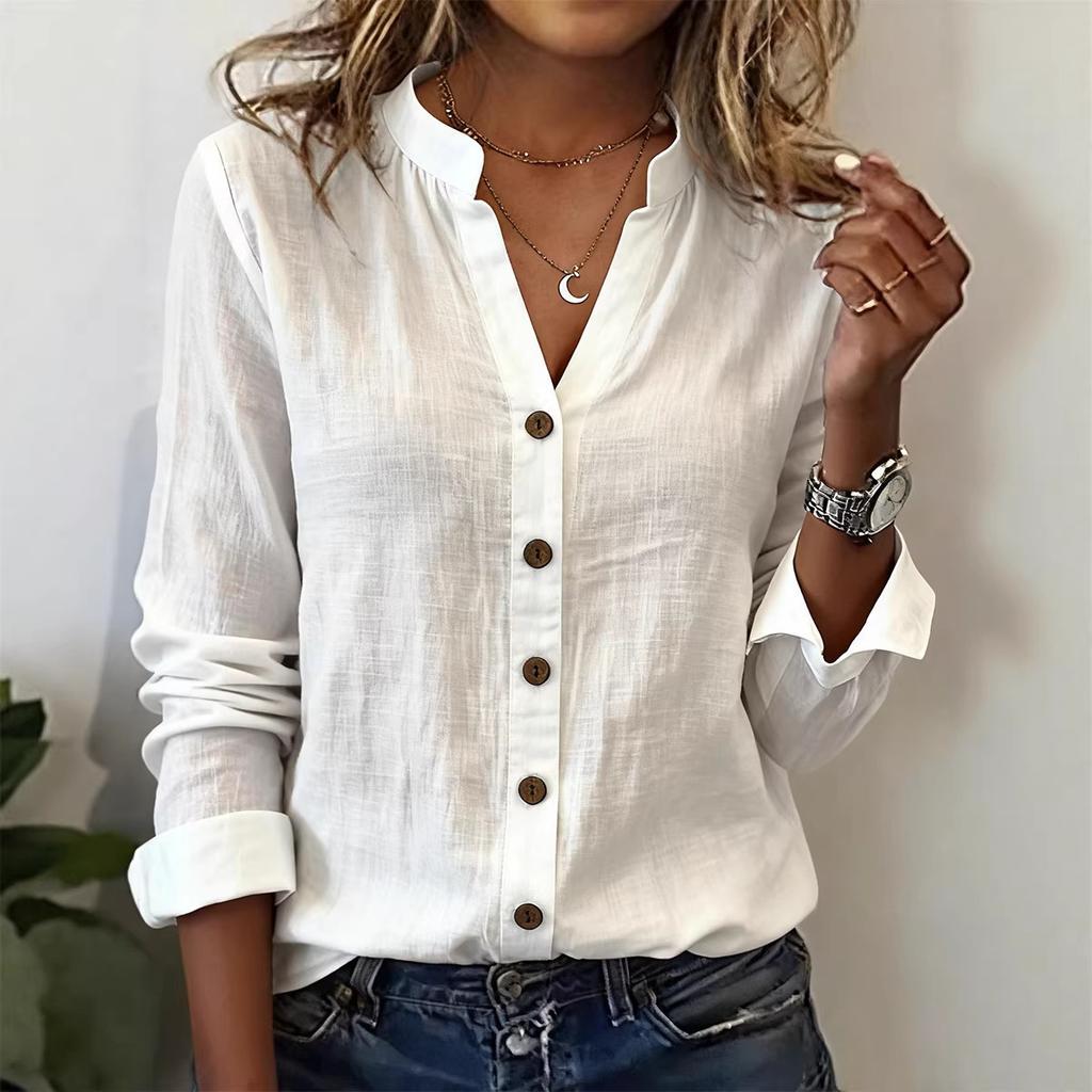 Bluză de damă cu guler mandarin și decolteu în V, cu mânecă lungă, nasturi, croială lejeră, culoare solidă, din bumbac și in, 2026 Primăvară, Top casual pentru navetă, Mărimi S-5XL Plus Size