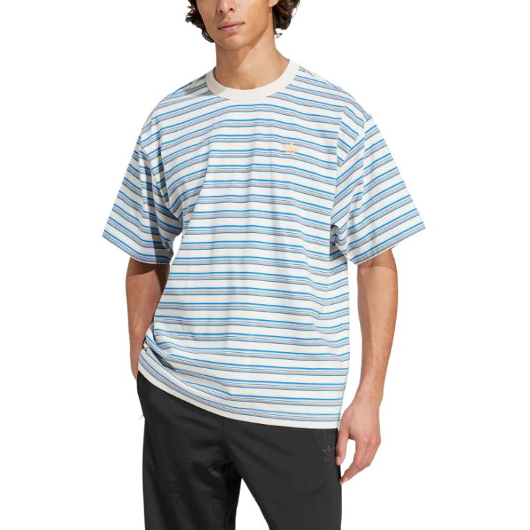 Adidas Originals Stripe T-Shirt Fashion Versatile Round Neck Short Sleeve Men Tops White Blue Light-Orange KB8355