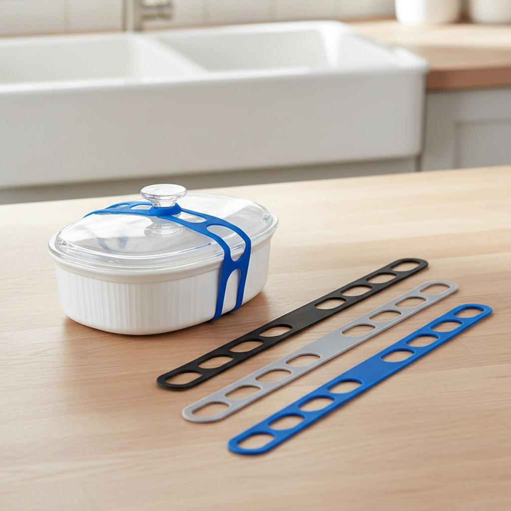 Lid Latch The Reusable Universal Lid Securing Strap For Dishes, Pots, Pans. Make It Easy To Transport Your Favorite Dishes