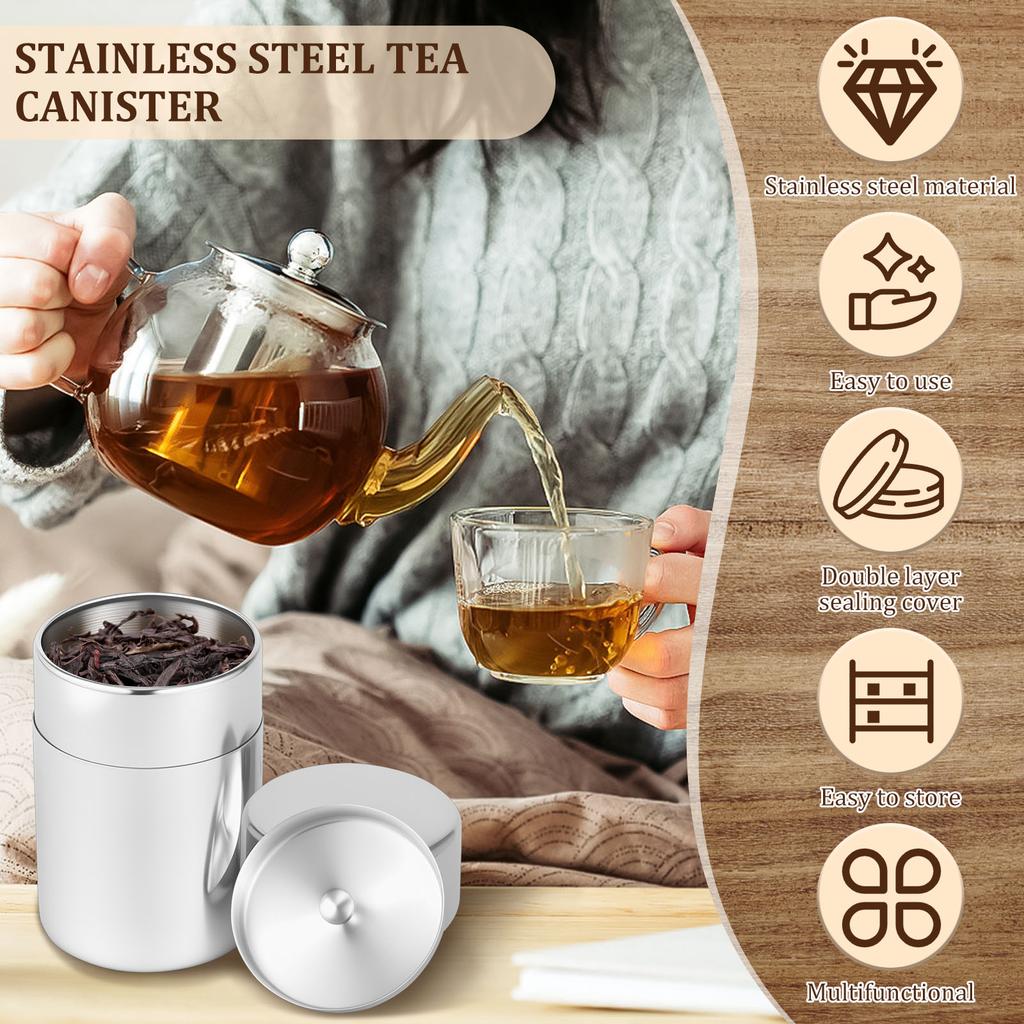 Stainless Steel Tea Canister Double Seal Coffee Bean Storage Container with Lid Portable Sugar Can for Loose Tea Seasoning