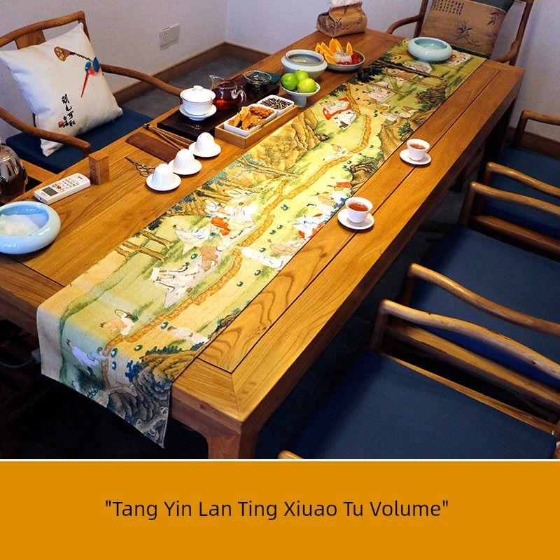 

Китайская дзен-подставка для чайного столика Водонепроницаемое чайное полотенце для чайной комнаты Живопись «Панорама рек и гор» Хлопково-льняная ткань Благоприятный журавль Чайное искусство Tang Yinlan Pavilion Reends Scroll 32X120cm