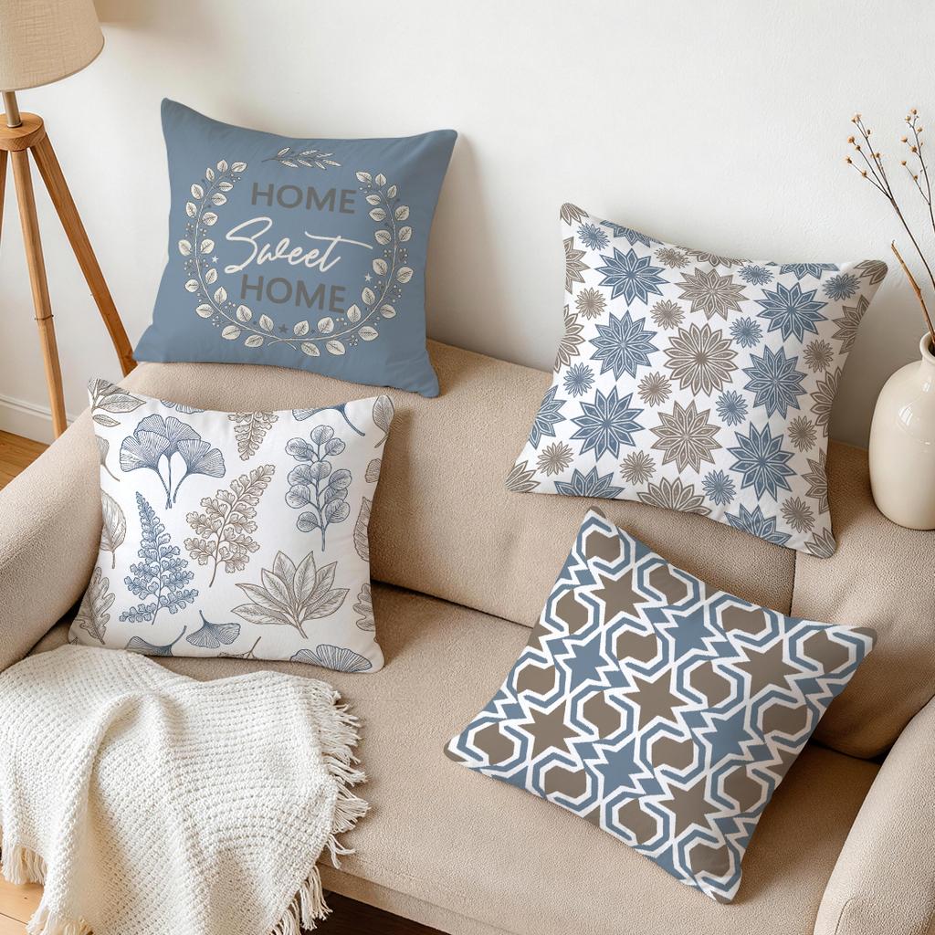 Pcs Morandi Blues Plant Geometric Patterns Singlesided Printed Cushion Coversuitable For Living Roombedroomcar Decoration