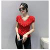 Summer Short Sleeved V Neck Women's T Shirt Elegant Slim Hot Drilling Ruffles Mesh Tees