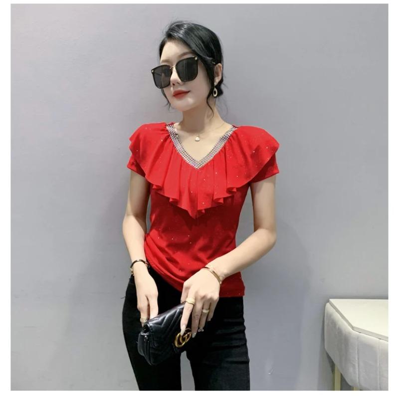 Summer Short Sleeved V Neck Women's T Shirt Elegant Slim Hot Drilling Ruffles Mesh Tees