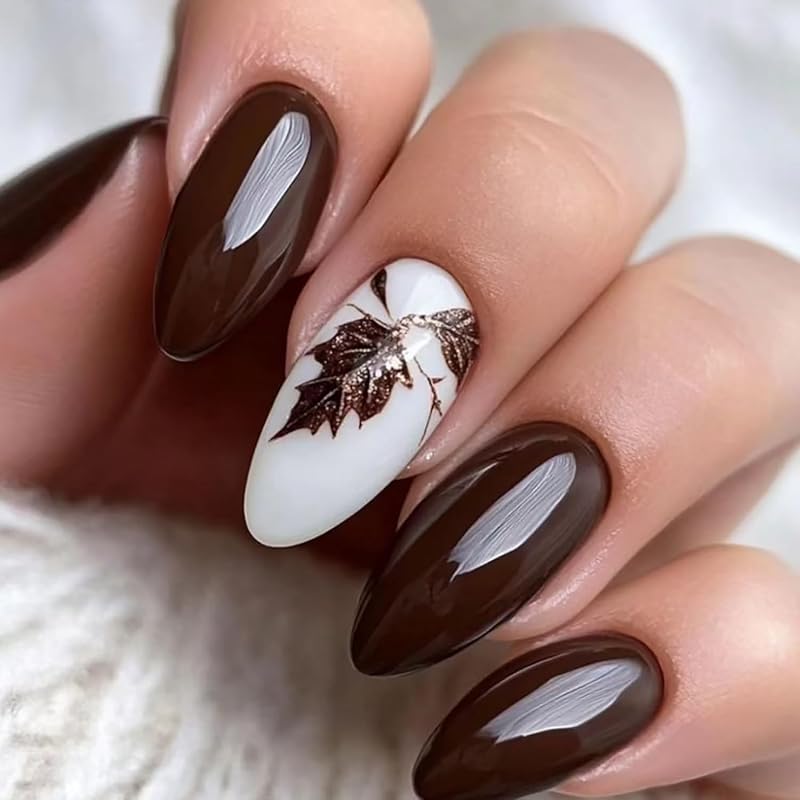 Fall Leaf Press On Nails Thanksgiving Fake Nails with Rhinestones Design Long Almond Autumn Acrylic Nail Glossy Maple Leaves Glue On Nail for Women