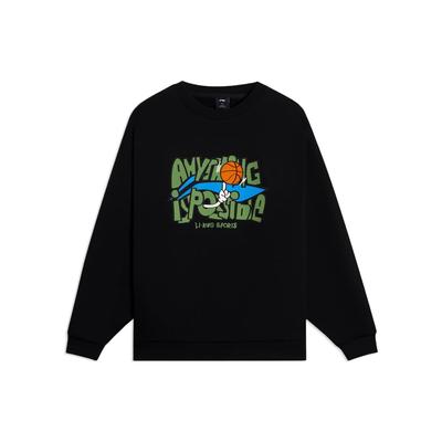 Li-Ning Sports Basketball Series Letter Print Warm Fleece Casual Crew Neck Sweatshirt Unisex Tops Black AWDSG95-2
