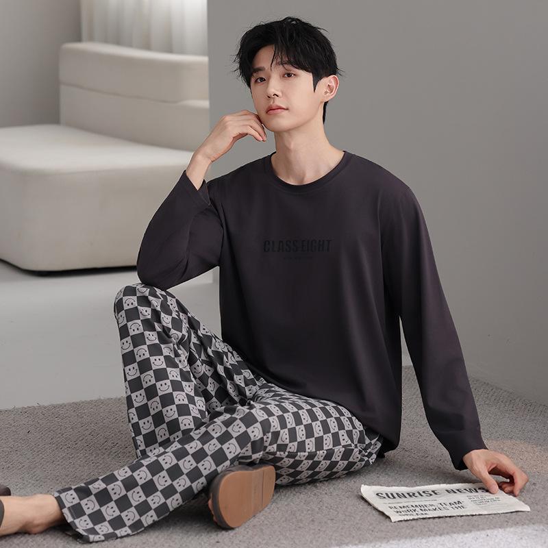 Pure cotton pajamas men's spring and autumn 1011 new men's simple four seasons can wear autumn and winter cotton loungewear suit